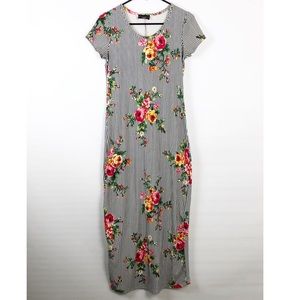 Discreet Striped Floral Maxi Dress